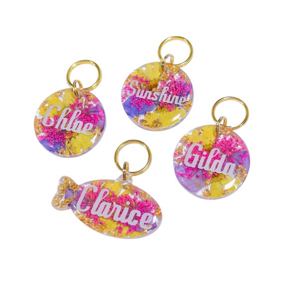 Personalised Floral Resin Pet ID Tag, Flower Cat Tag