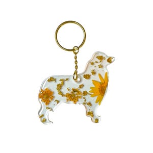 Handmade Australian Shepherd Resin Keychain, Pressed Flowers & Glitter