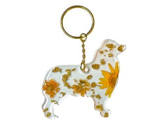 Australian Shepherd Resin Keychain, Handmade Aussie Dog Keyring with Pressed Flowers & Glitter, Pet Lover Gift, Aussie Shepherd Accessory