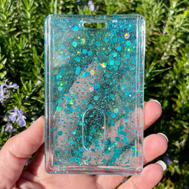 Turquoise glitter card holder, id holder, card holder, badge holder, vertical card holder