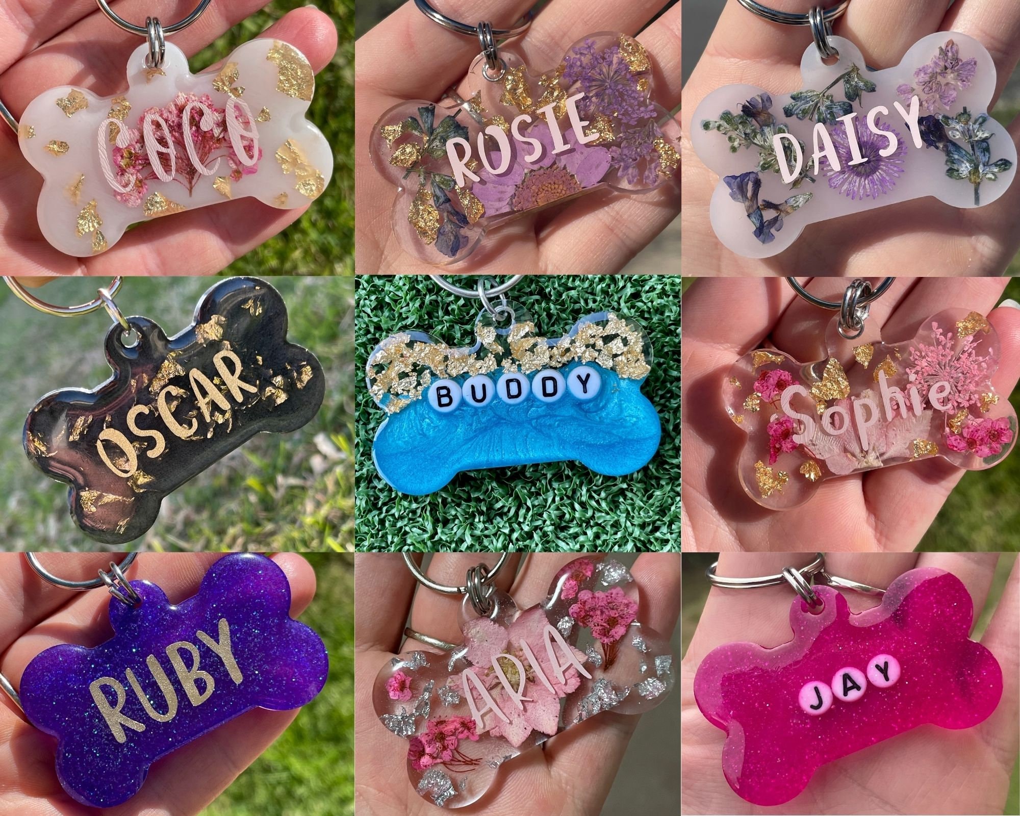 Resin Epoxy Dog Tag Cute Personalised Tag Flowers Etsy