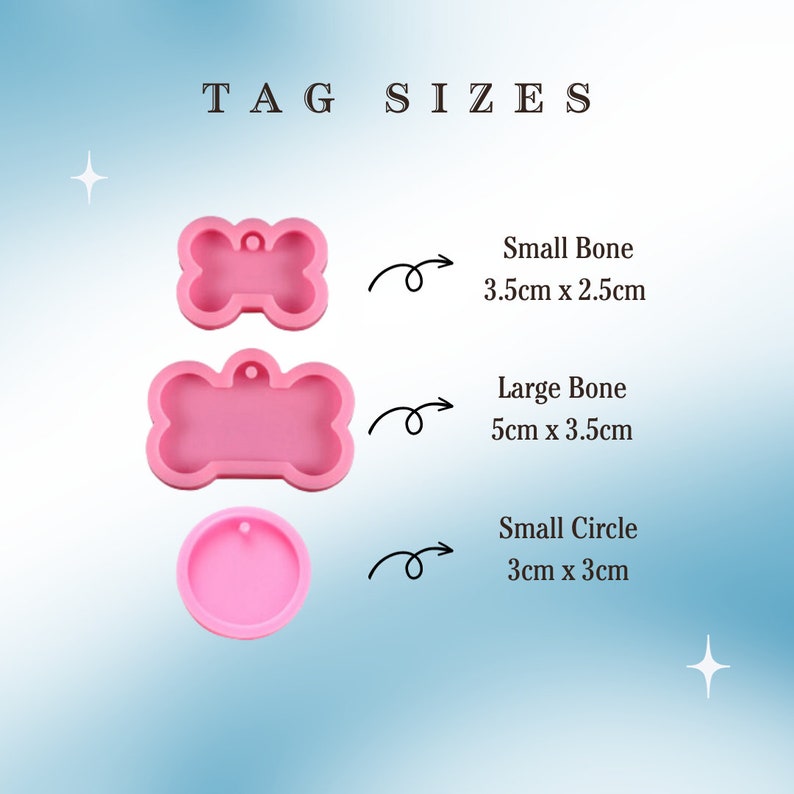May include: Three pink silicone moulds for making dog tags. The moulds are shaped like a bone and a circle. The bone moulds are labelled "Small Bone 3.5cm x 2.5cm" and "Large Bone 5cm x 3.5cm". The circle mould is labelled "Small Circle 3cm x 3cm".