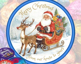 Personalized Christmas Chocolate Tub Sticker, Santa and Rudolph