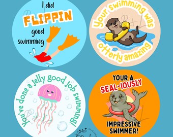 Punny Swimming Reward Stickers - Sea Creature Theme, 70 Pack
