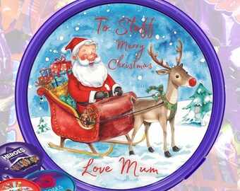 Personalised Christmas Chocolate Tub Sticker, Santa and Rudolph