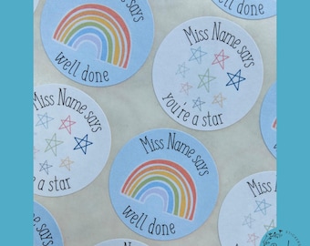 Personalized Teacher Stickers: Rainbow & Star Design, Custom Name (28 Stickers/Sheet)