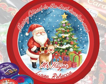 Personalized Christmas Chocolate Tub Sticker, Santa & Rudolph