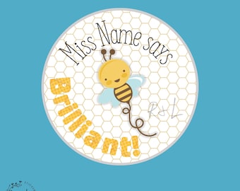 Personalized Bee Reward Stickers, Teacher Praise Labels, 3.7cm Set of 35