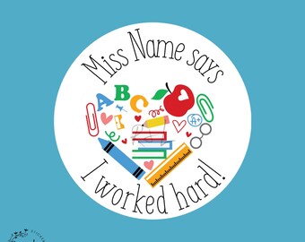 Personalized Teacher Stickers, Classroom Reward, Heart Design, 3.7cm Round