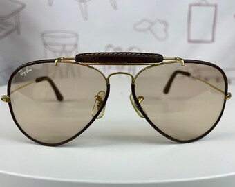 Vintage Ray Ban Aviator Leathers Bausch & Lomb - Vintage zonnebril jaren 80 - Origineel Rayban gouden frame bekleed met bruin leer