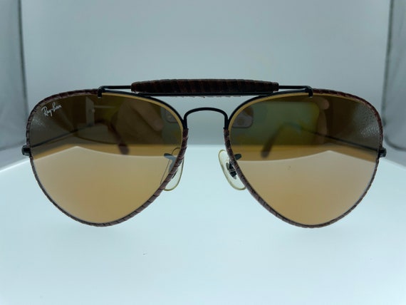 Ray Ban Aviator Leathers Bausch Lomb Vintage Sunglasses From the 80s Original Rayban Black Frame Covered With Brown Twisted Leather Etsy
