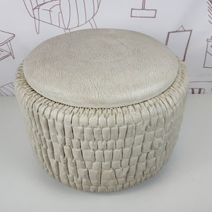 Vintage white skai leather pouf. 1970s stool. Retro stool or retro pouf. mushroom stool, mushroom pouf