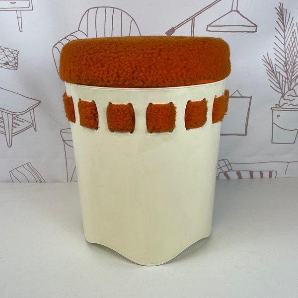 Panier à linge vintage de l’EMSA, tabouret ouest-allemand des années 1970 avec rangement, tabouret de rangement de l’âge de l’espace ou vintage, tabouret vintage blanc et orange