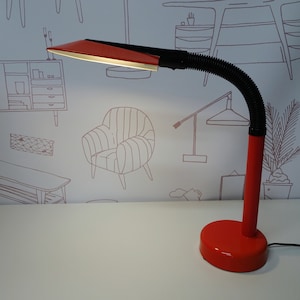 Red Fagerhult Gooseneck vintage desk lamp, red vintage desk lamp, vintage architect lamp, space age desk lamp, flexible desk lamp