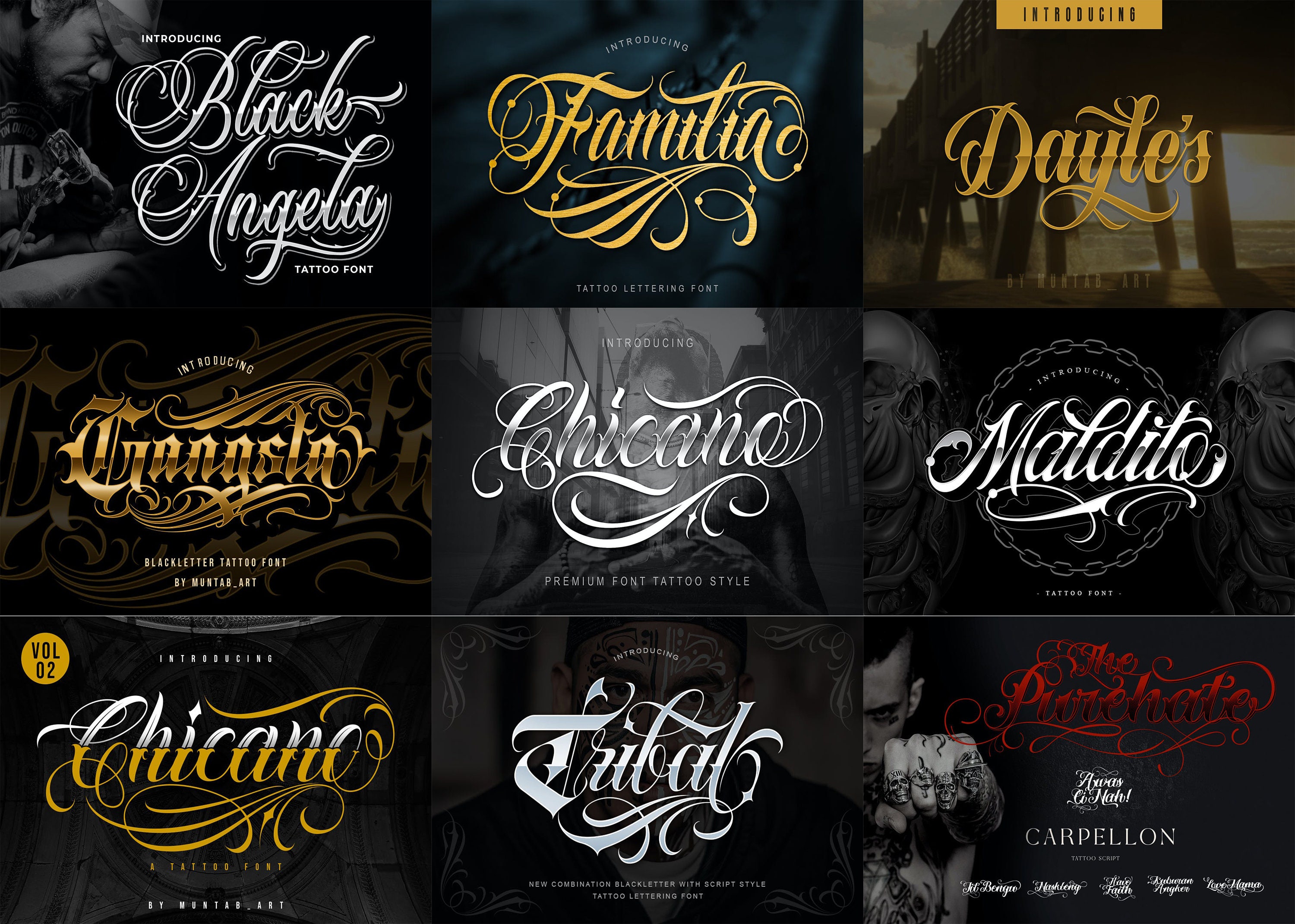 Tattoo Fonts Bundle 5 Gothic Blackletter Calligraphy OTF TTF 