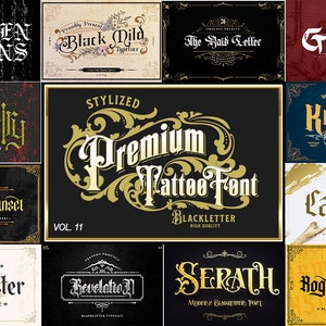 12 Premium Tattoo Font Bundle 11, Custom tattoos design, Logo Fonts, Black Letter Calligraphy, Photoshop Font, Procreate Font