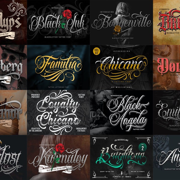 Paquete de 20 fuentes de tatuaje premium 6, diseño de tatuajes personalizados, fuentes de logotipo, caligrafía de letras negras, fuente de Photoshop, fuente Procreate