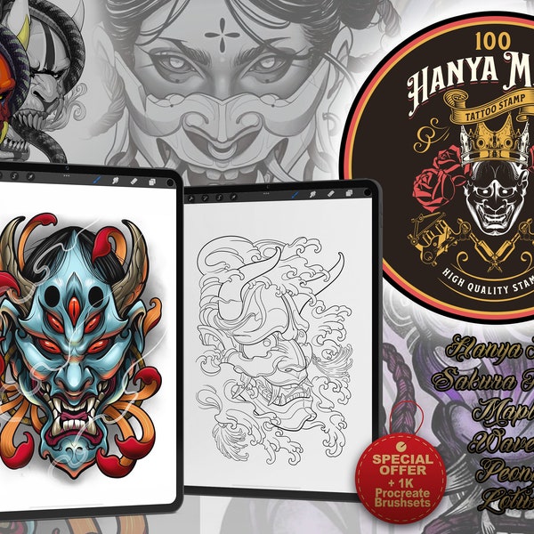100 Premium Hanya Mask Tattoo Stamps | Peony, Waves, Lotus, Maple, Sakura Stamps | Hight Quality Procreate Stamps