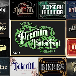 40 Premium Tattoo Font Bundle 14, Custom tattoos design, Logo Fonts, Black Letter Calligraphy, Photoshop Font, Procreate Font