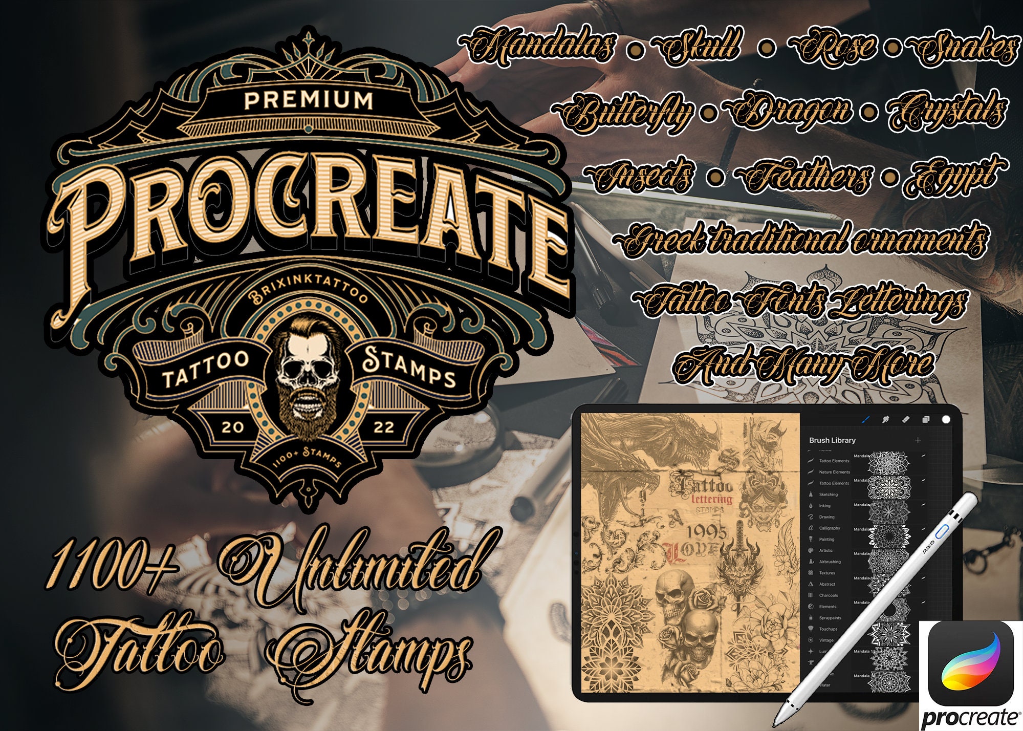 1100+ Pinceles Sello para Procreate de Tatuajes – Serpientes, Dragones, Rosas, Calaveras, Griego y Egipcio