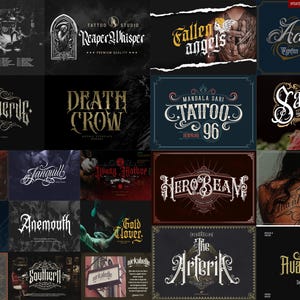 Pacchetto di 40 font per tatuaggi premium 1 / Stampa su maglietta / Font con logo / Calligrafia con lettere nere / Font Photoshop / Font Procreate