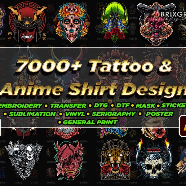 7000+ Tattoo & Anime Shirt Design for General Prints, Poster, Vinyl, DTG, DTF, Sticker, Sublimation, Embroidery, Serigraphy, SVG