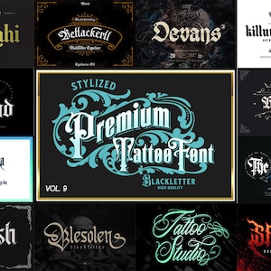 12 Premium Tattoo Font Bundle 9, Custom tattoos design, Logo Fonts, Black Letter Calligraphy, Photoshop Font, Procreate Font