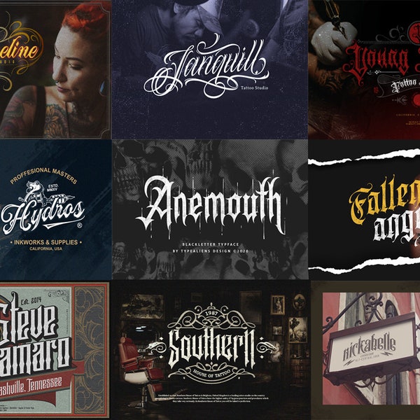 10 Premium Tattoo Fonts Bundle 1 | T-Shirt Print | Logo Font | Black Letter Calligraphy | Photoshop Font | Procreate Font