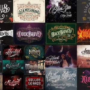 Pacchetto di 40 font per tatuaggi premium 4 / Stampa su maglietta / Font con logo / Calligrafia con lettere nere / Font Photoshop / Font Procreate