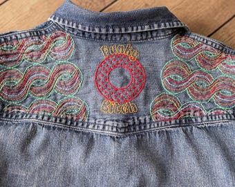 Phish inspired upcycled denim shirt XS. hand embroidered. Funky Bitch!