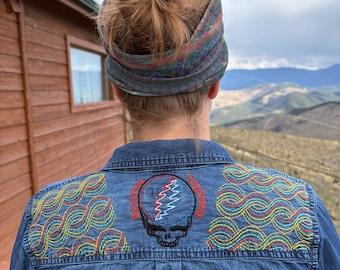 Upcycled Grateful Dead Inspired Denim Shirt | Hand Stitched Sashiko Style | Medium Merona Button Up | Sunsine Daydream Stealie!