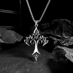 Gothic Cross Necklace – 24&quot; Stainless Steel Chain – Dark Alt Religious Jewelry – Unisex Punk Necklace – Silver Crucifix Pendant