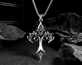 Gothic Cross Necklace - Dark Alt Religious Jewelry – Unisex Punk Necklace – Silver Crucifix Pendant