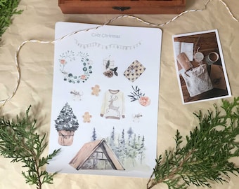 Julklistermärken, Camping, Akvarellklistermärkesark, Julklistermärkesark för Bullet Journaling, Planerare, Art Journal, Scrapbook