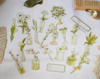 Estetiska klistermärken med blommor och vaser, gul och grön ton för journaling, planerare, scrapbookingdekoration, present till henne