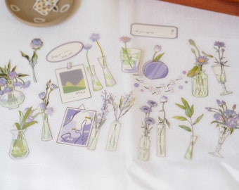 Estetiska blommor och vaser klistermärken i lila ton för bullet journal, skräpjournal, planerare, scrapbooking present till henne