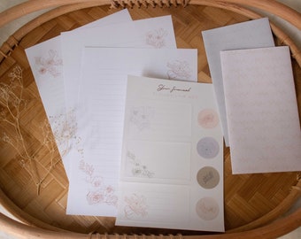 Blommigt brevskrivarset_ DIGITAL NEDLADDNING//Linjerat brevpapper och kuvert/Handskrivna brev/Brevvän/Snigelpost/Skrivbrevset