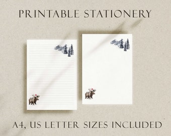 Nedladdningsbart julbrevpapper, Mystisk skog linjerat och blankt brev / Reservoarpenna / Brevvän / Snigelpost / Digitalt brevpapper