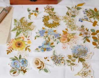 10 blandade blå och vita blommiga klistermärken med gyllene accenter för dagbok, planerare, scrapbooking och mer