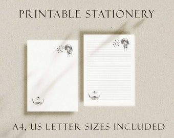 Nedladdningsbart brevpapper med mystisk skog, linjerade och blanka brevark/ Reservoarpenna/Brevvän/ Snigelpost/ Digitalt brevpapper A4