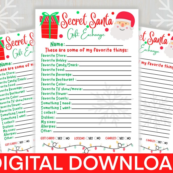 Secret Santa Gift Exchange Printable, Gift Questionnaire, Favorite Things, Survey, Christmas Gift List, Gift Ideas for Christmas, DIGITAL