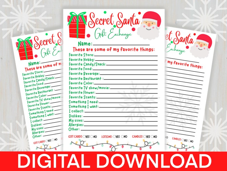 Secret Santa Gift Exchange Printable Gift Questionnaire Etsy
