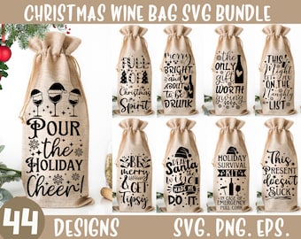 44 Christmas Wine Bag SVG Bundle, PNG bundle, Christmas wine svg, Wine svg, Wine bundle svg, Christmas png, Funny svg, Wine bag svg