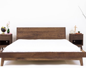 Modern Bed Frame | Handmade In OH With Solid Walnut, Customizable. Available in Other Woods - Queen In Stock, Quickship