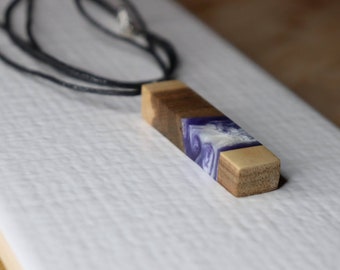 Wood and Epoxy Resin Necklace, Purple and White