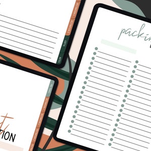 Könnte beinhalten: Ein digitaler Planer mit einer Packliste, einem Abschnitt für Highlights und einem Abschnitt für Notizen. Der Planer hat ein abstraktes Design in Grün und Braun.