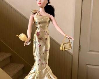 For Gene Marshall- Glorious Pale Yellow Brocade Mermaid Gown w/One Shoulder, Yellow Heels, Golden Purse, Cocktail, Hair Flower