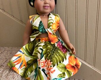 For 18" AG Style Dolls- Tropical Set with Matching Tied Crop Top, Elastic Waist Shorts, Full Overskirt, Hair Tie, and Lime Green Crocs