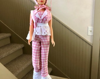 For Vintage and Repro Francie- Pink Gingham Halter Top and Flare Pants with Eyelet Lace, Bonnet, Matching Bag, Pink Sandals and Glasses