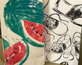 Set of 2 Hand Carved Block Print Paper Gift Bags, Watermelon and Saddle Shoes, 8" x 4" x 2"